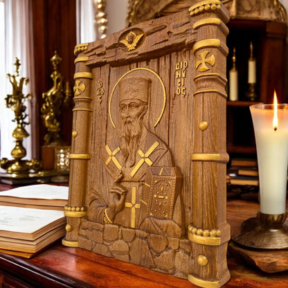 Saint Dionysios of Zakynthos Wooden Carved Handcrafted Christian Religious Icon. Byzantine Home Wall Art Decor Gift. Orthodox Greek Woodcarving Sculpture.