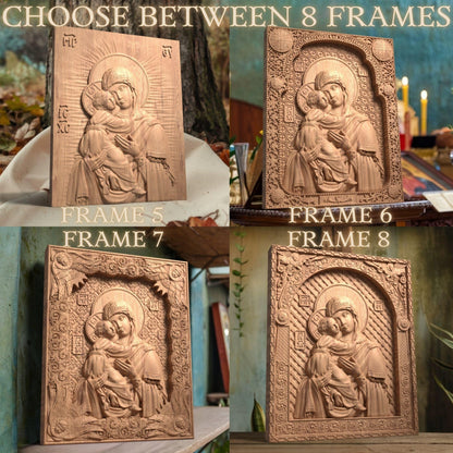 Virgin Mary Mother of God Wooden Carved Handmade Christian Icon. Byzantine Greek Orthodox Decor.