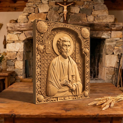 Saint James of Alphaeus the Apostle Wooden Carved Handmade Christian Icon Patron Saint of Pharmacists Left Side Natural Wood Color Cretan Holy Carvings