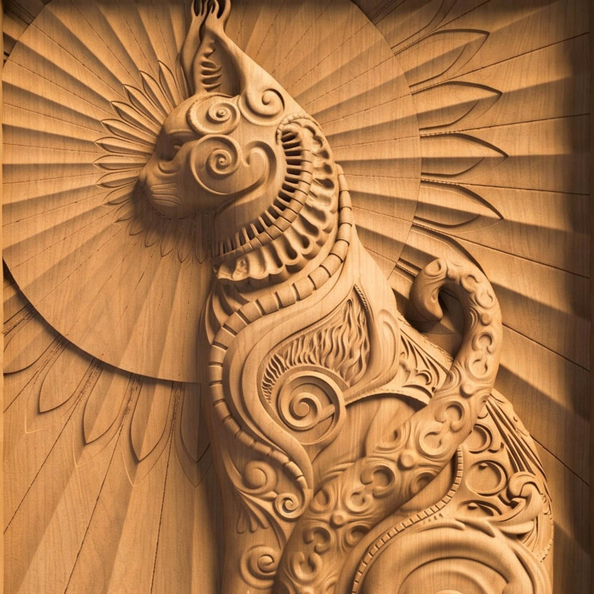 Cat Tribal Framed Bas Relief | Wooden Cat Carving | Sculptural Gift Idea