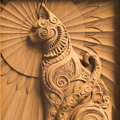 Cat Tribal Framed Bas Relief | Wooden Cat Carving | Sculptural Gift Idea