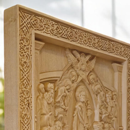 Dormition of the Mother of God Wooden Carved Handcrafted Christian Religious Icon. Byzantine Home Wall Art Decor Gift. Orthodox Greek Woodcarving Sculpture.