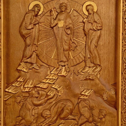 Transfiguration of Jesus Wooden Carved Handmade Christian Icon. Byzantine Greek Orthodox Home Art Decor.