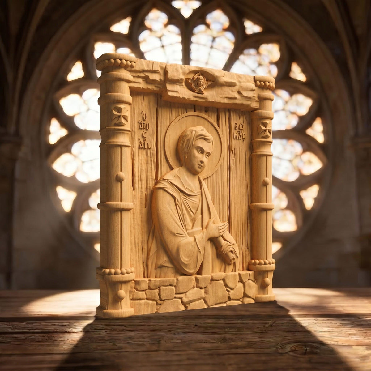 Saint Thomas the Apostle Wooden Carved Handmade Christian Icon Patron Saint of Architects and Builders Cretan Holy Carvings