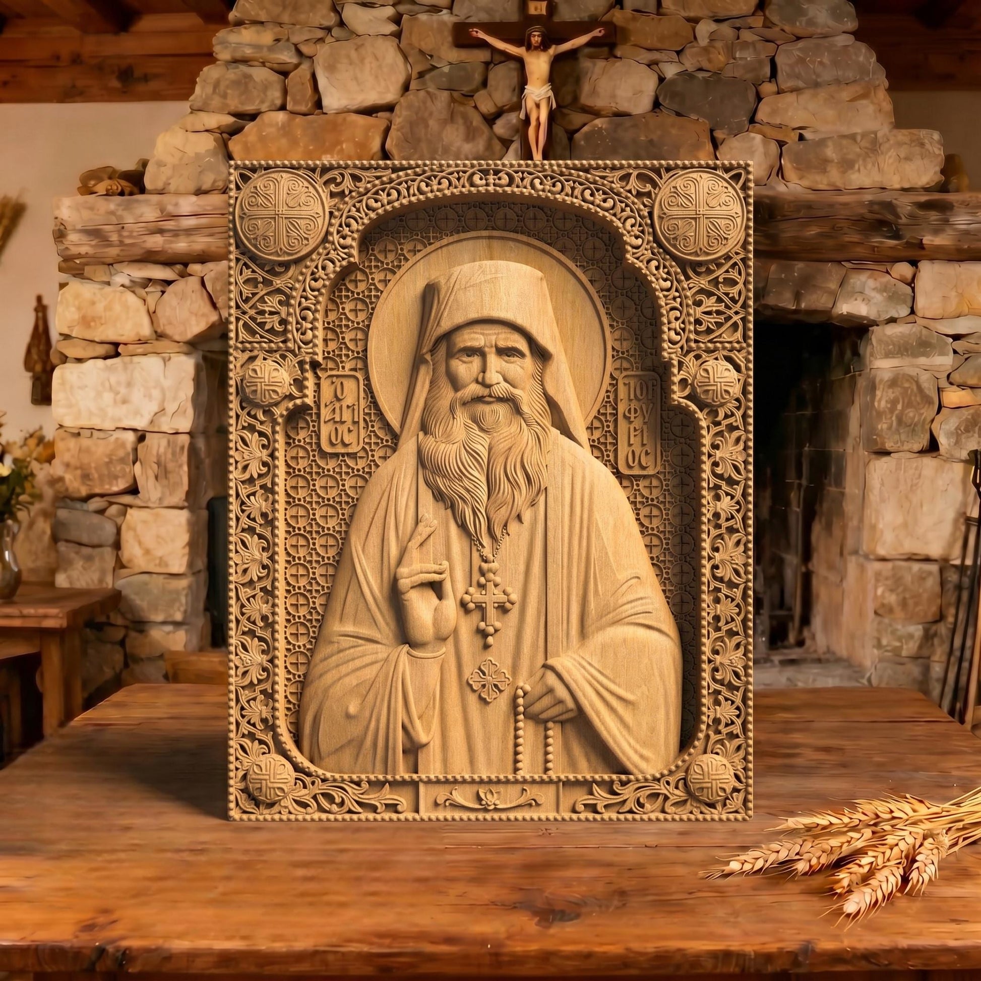 Saint Porphyrios of Kavsokalyvia Wooden Carved Handmade Christian Icon | Byzantine Greek Orthodox Home Art Decor