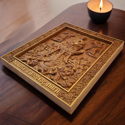 Mother of God Life-giving Spring Wooden Carved Handcrafted Christian Religious Icon. Byzantine Home Wall Art Decor Gift. Orthodox Greek Woodcarving Sculpture.