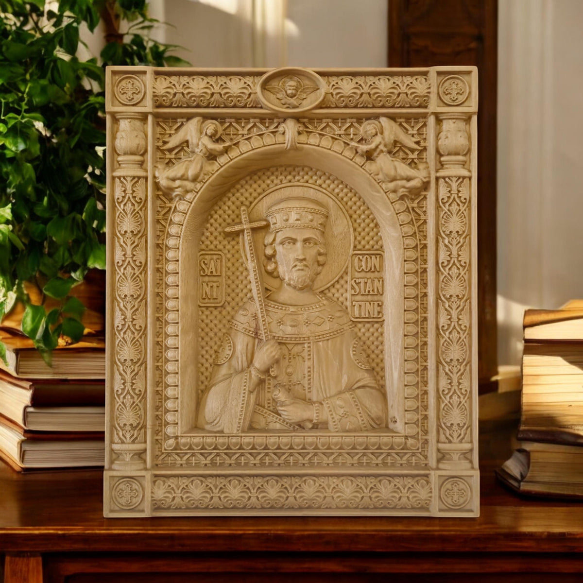 Saint Constantine Wooden Carved Handmade Christian Icon. Byzantine Greek Orthodox Home Art Decor.