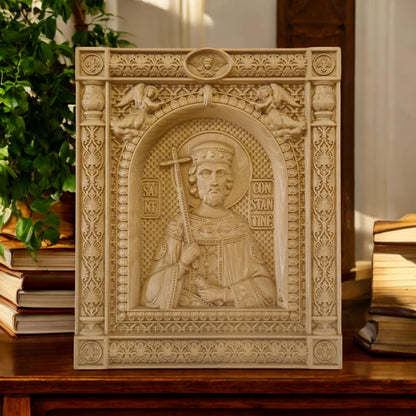 Saint Constantine Wooden Carved Handmade Christian Icon. Byzantine Greek Orthodox Home Art Decor.