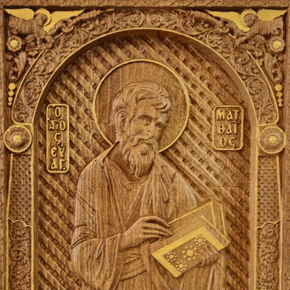 Matthew the Evangelist Wooden Carved Handcrafted Christian Religious Icon. Byzantine Home Wall Art Decor Gift. Orthodox Greek Woodcarving Sculpture.