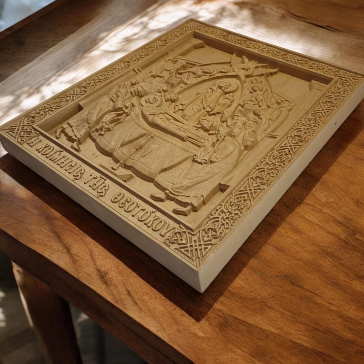 Dormition of the Mother of God Wooden Carved Handcrafted Christian Religious Icon. Byzantine Home Wall Art Decor Gift. Orthodox Greek Woodcarving Sculpture.