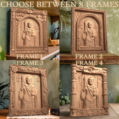Saint Menas of Egypt Wooden Carved Handcrafted Christian Religious Icon. Byzantine Home Wall Art Decor Gift. Orthodox Greek Woodcarving Sculpture.