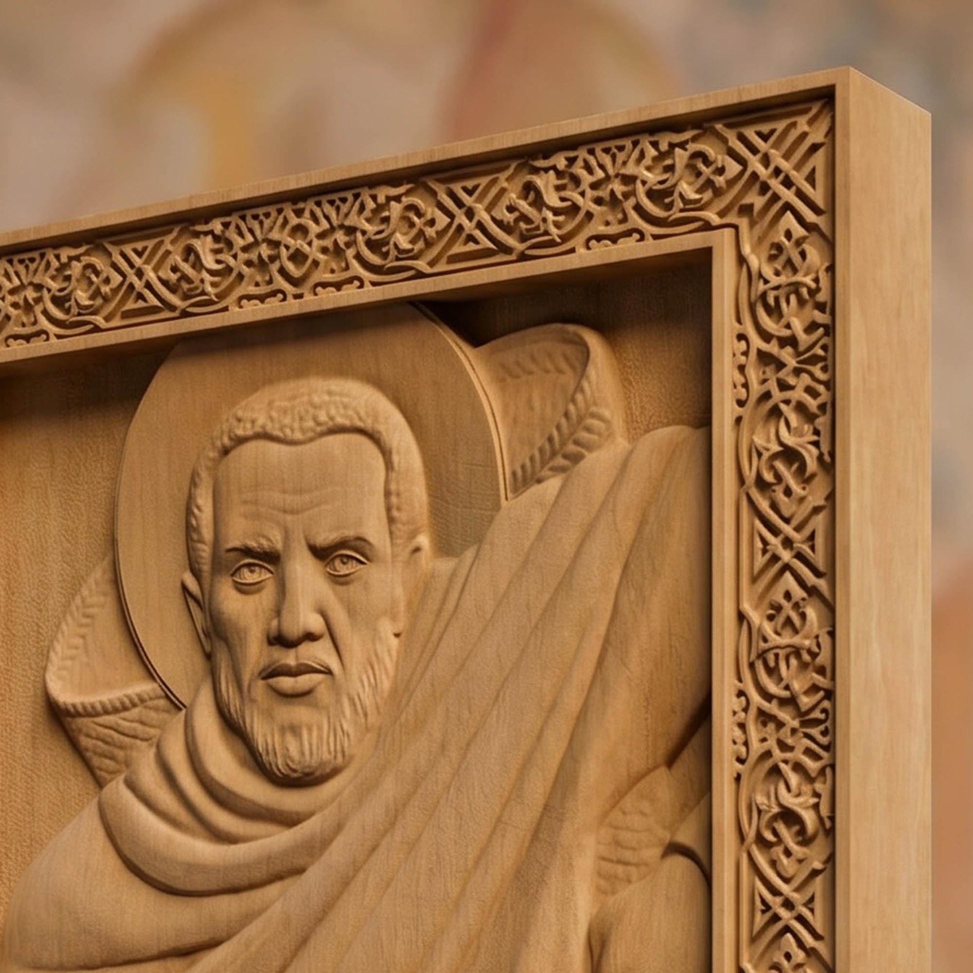 Saint Moses the Black Wooden Carved Handmade Christian Icon Patron Saint of Africa and non-violence Right Side Natural Wood Color Cretan Holy Carvings