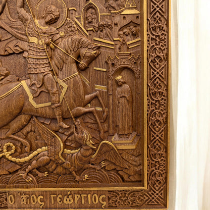 Saint George Wooden Carved Handcrafted Christian Religious Icon. Byzantine Home Wall Art Decor Gift. Orthodox Greek Woodcarving Sculpture.