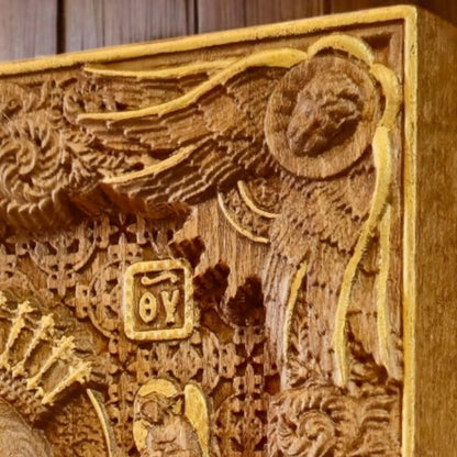 Virgin Mary Mother of God Axion Esti Wooden Carved Handcrafted Christian Religious Icon. Byzantine Home Wall Art Decor Gift. Orthodox Greek Woodcarving Sculpture.