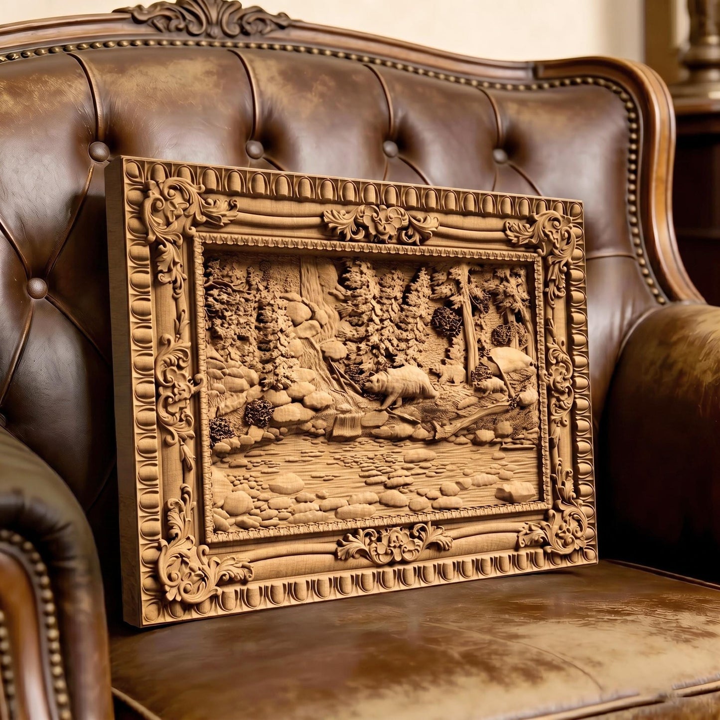 Bear in the Forest Framed Bas Relief | Wooden Bear Carving | Sculptural Gift Idea