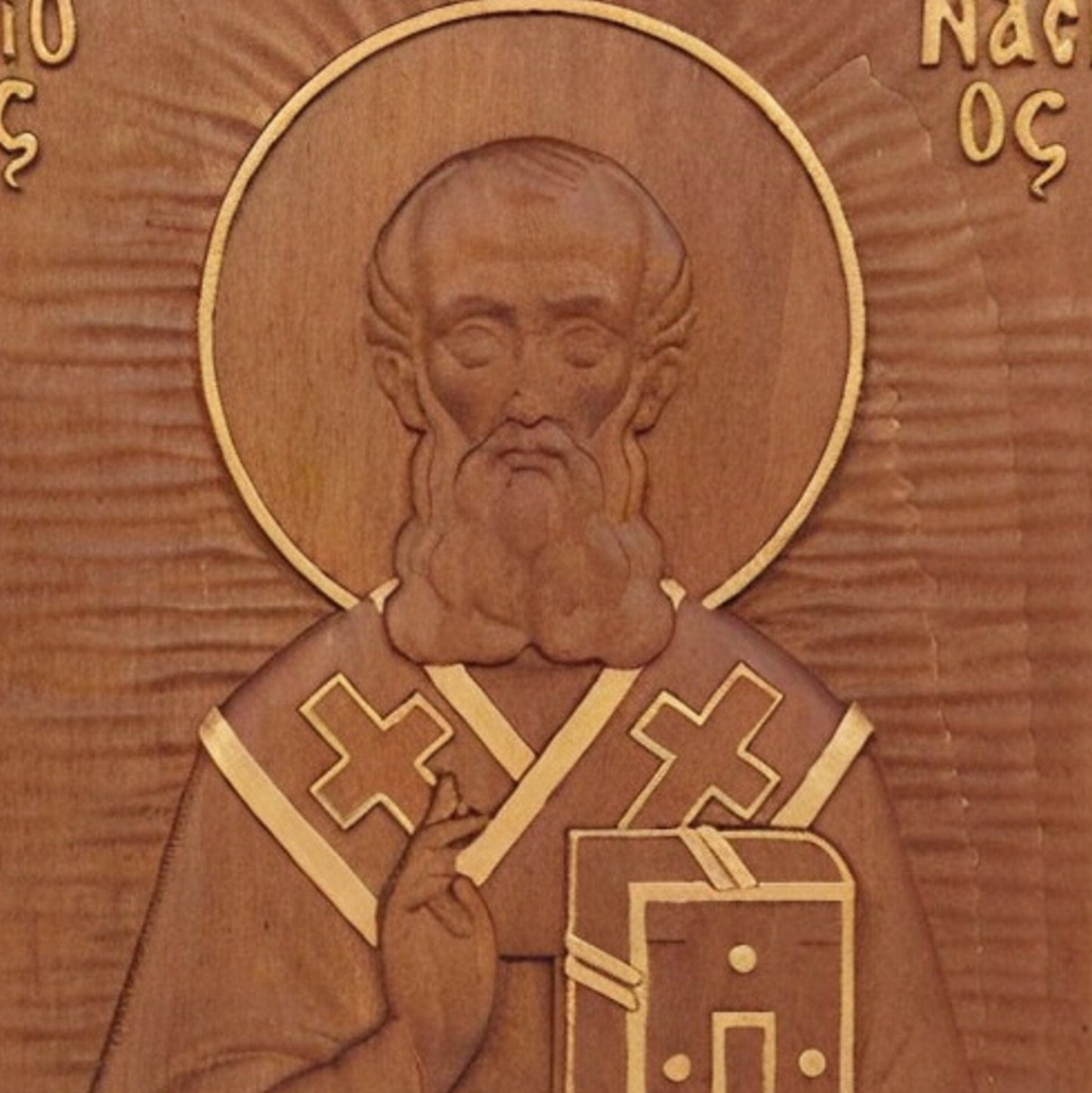 Saint Athanasius of Alexandria Wooden Carved Handcrafted Christian Religious Icon. Byzantine Home Wall Art Decor Gift. Orthodox Greek Woodcarving Sculpture.