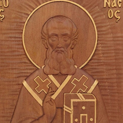 Saint Athanasius of Alexandria Wooden Carved Handcrafted Christian Religious Icon. Byzantine Home Wall Art Decor Gift. Orthodox Greek Woodcarving Sculpture.