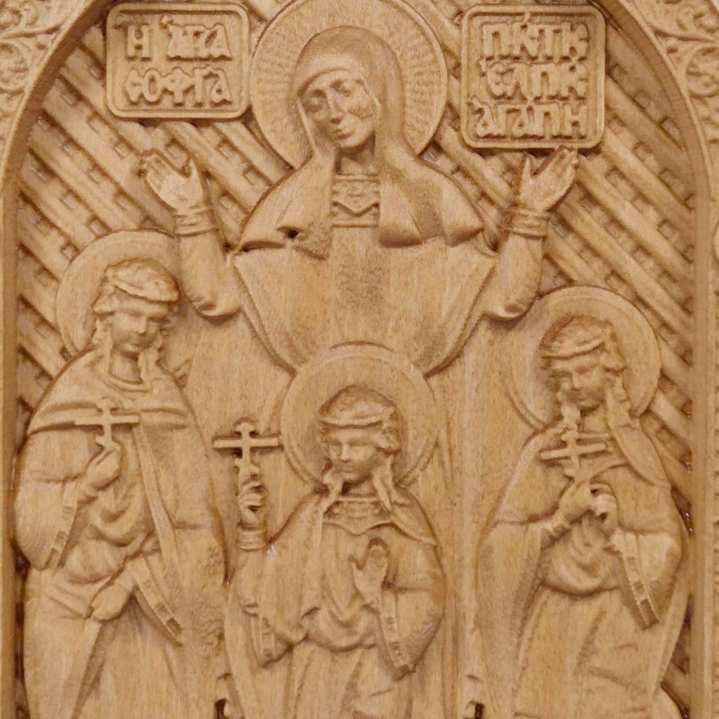 Saints Sophia Faith Hope Love Wooden Carved Handcrafted Christian Religious Icon. Byzantine Home Wall Art Decor Gift. Orthodox Greek Woodcarving Sculpture.