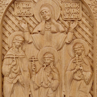 Saints Sophia Faith Hope Love Wooden Carved Handcrafted Christian Religious Icon. Byzantine Home Wall Art Decor Gift. Orthodox Greek Woodcarving Sculpture.