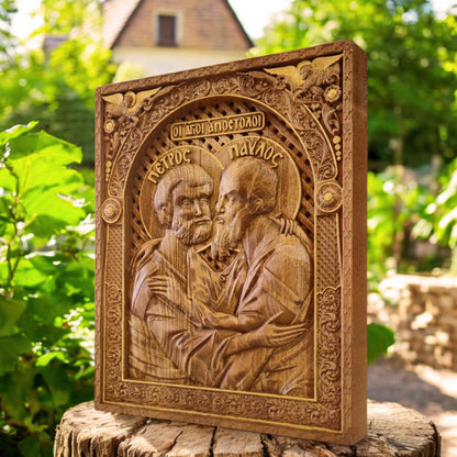 Αpostles Peter and Paul Wooden Carved Handmade Christian Icon. Byzantine Greek Orthodox Home Art Decor.