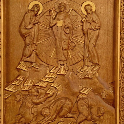 Transfiguration of Jesus Wooden Carved Handcrafted Christian Religious Icon. Byzantine Home Wall Art Decor Gift. Orthodox Greek Woodcarving Sculpture.