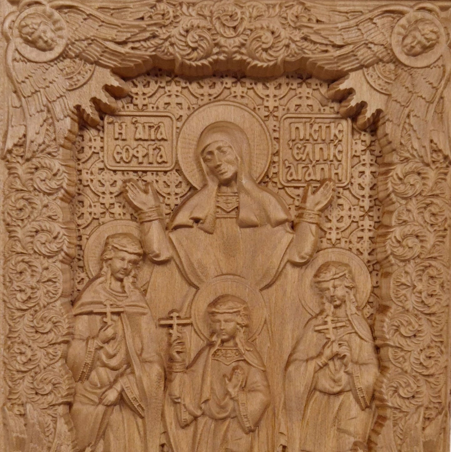 Saints Sophia Faith Hope Love Wooden Carved Handcrafted Christian Religious Icon. Byzantine Home Wall Art Decor Gift. Orthodox Greek Woodcarving Sculpture.