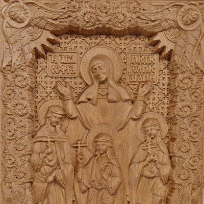 Saints Sophia Faith Hope Love Wooden Carved Handcrafted Christian Religious Icon. Byzantine Home Wall Art Decor Gift. Orthodox Greek Woodcarving Sculpture.