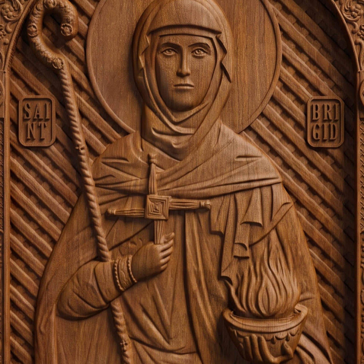 Saint Brigid Patron Saint of Poets Wooden Carved Handmade Christian Icon | Byzantine Greek Orthodox Home Art Decor
