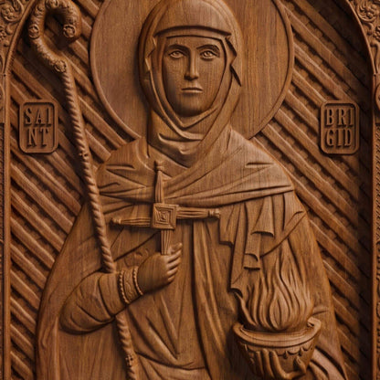Saint Brigid Patron Saint of Poets Wooden Carved Handmade Christian Icon | Byzantine Greek Orthodox Home Art Decor