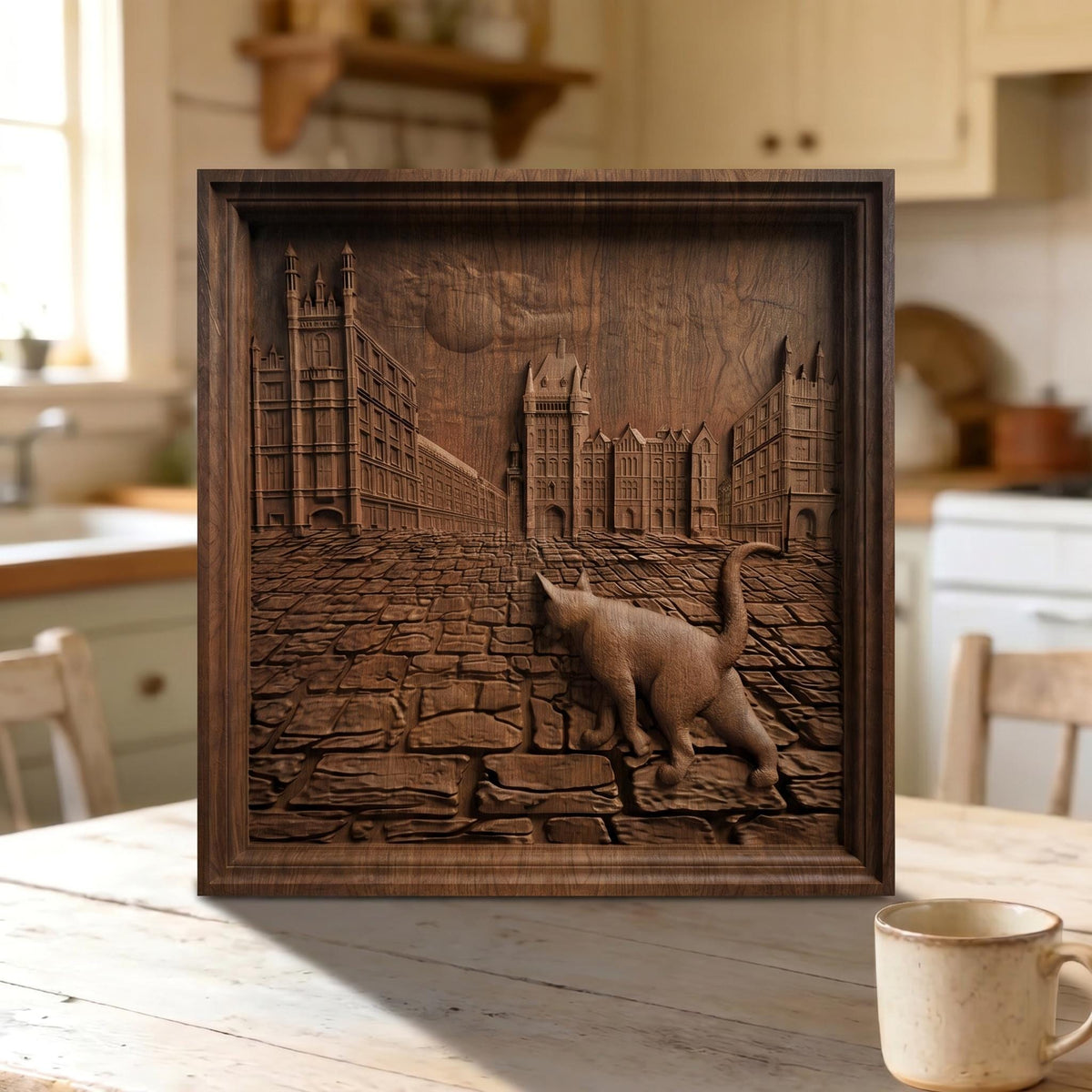 Cat Walking in the Street Framed Bas Relief | Wooden Cat Carving | Sculptural Gift Idea