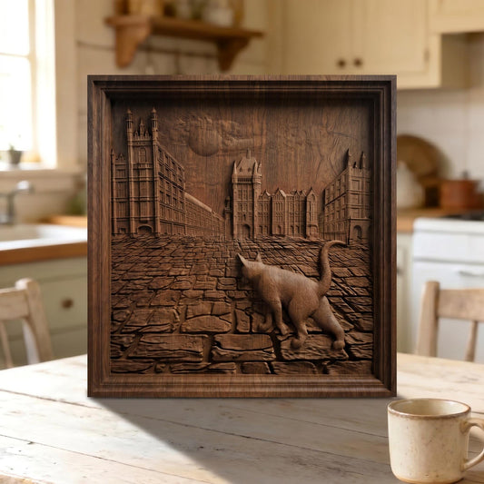 Cat Walking in the Street Framed Bas Relief | Wooden Cat Carving | Sculptural Gift Idea