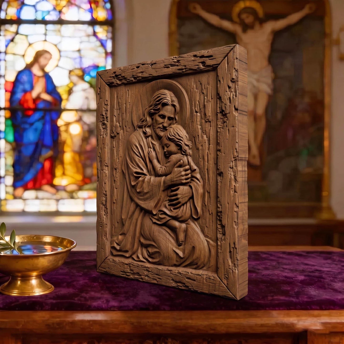 Jesus Holding Child Wooden Carved Handmade Christian Icon | Byzantine Greek Orthodox Home Decor