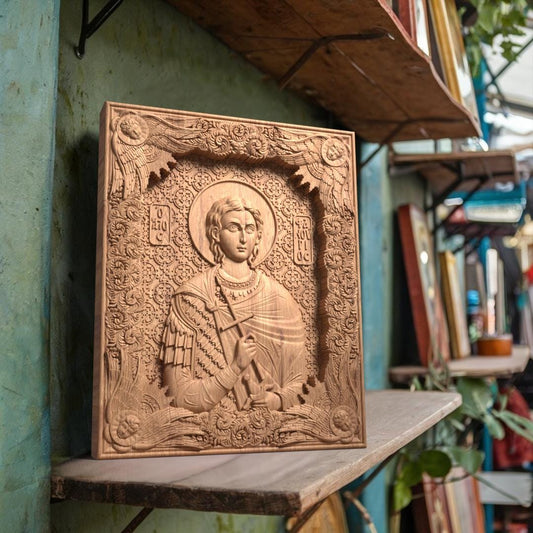 Saint Fanourios Wooden Carved Handcrafted Christian Religious Icon. Byzantine Home Wall Art Decor Gift. Orthodox Greek Woodcarving Sculpture.