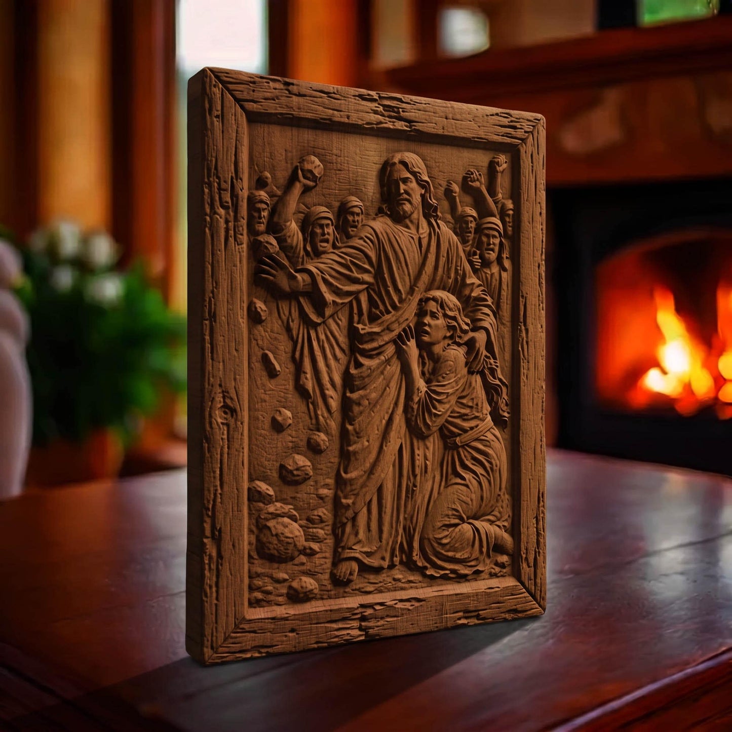 Jesus Christ Protects the Sinful Woman Wooden Carved Handmade Christian Icon  Byzantine Greek Orthodox Home Art Decor Cretan Holy Carvings