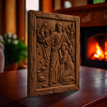 Jesus Christ Protects the Sinful Woman Wooden Carved Handmade Christian Icon  Byzantine Greek Orthodox Home Art Decor Cretan Holy Carvings