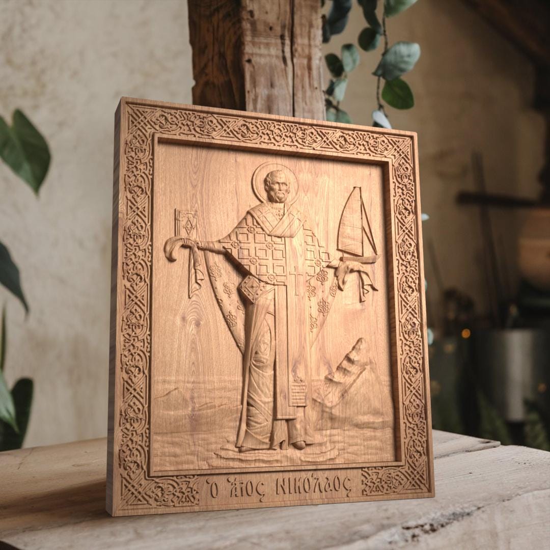 Saint Nicholas Wooden Carved Handcrafted Christian Religious Icon. Byzantine Home Wall Art Decor Gift. Orthodox Greek Woodcarving Sculpture.