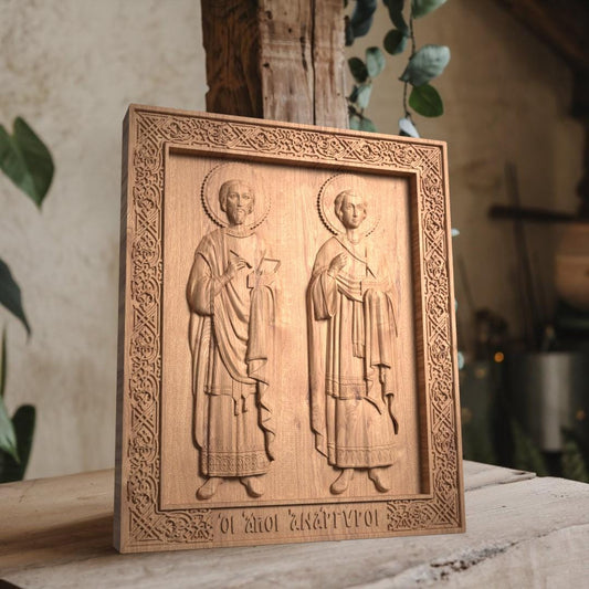 Moneyless Saints Cosmas and Damian Wooden Carved Handcrafted Christian Religious Icon. Byzantine Home Wall Art Decor Gift. Orthodox Greek Woodcarving Sculpture.