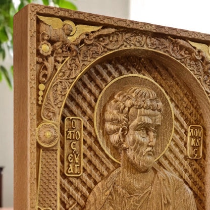 Luke the Evangelist Wooden Carved Handcrafted Christian Religious Icon. Byzantine Home Wall Art Decor Gift. Orthodox Greek Woodcarving Sculpture.