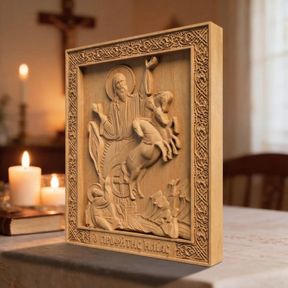 Prophet Elijah Wooden Carved Handmade Christian Icon Patron Saint of Bosnia and Herzegovina  Right Side Natural Wood Color Cretan Holy Carvings