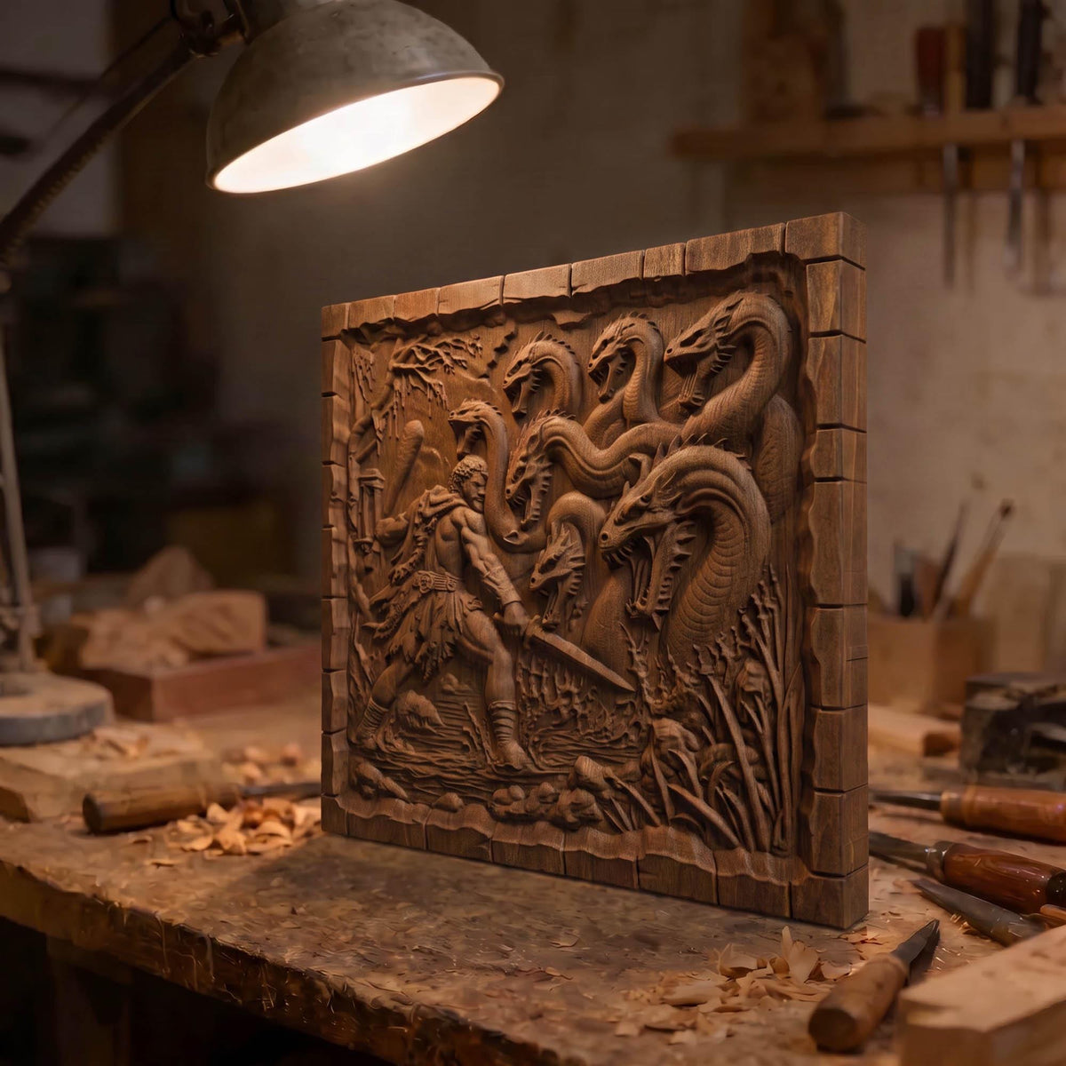 Hercules Fighting the Hydra 3D Wooden Bas Relief Panel Art Sculptural Gift Idea Cretan Holy Carvings