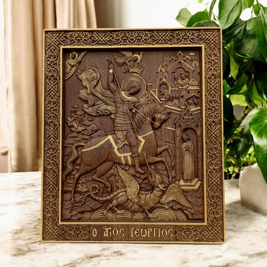Saint George Wooden Carved Handcrafted Christian Religious Icon. Byzantine Home Wall Art Decor Gift. Orthodox Greek Woodcarving Sculpture.