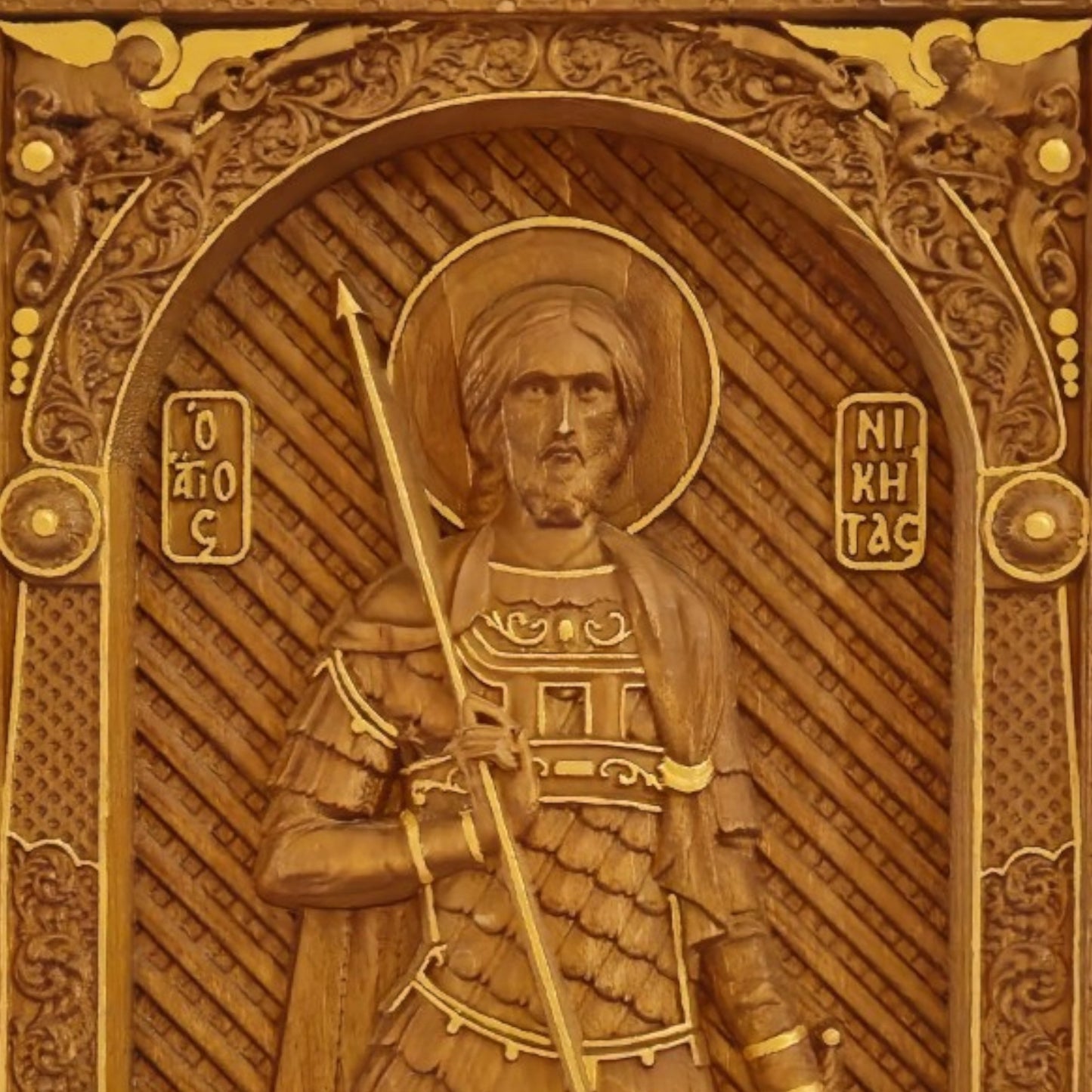 Saint Nikitas Wooden Carved Handcrafted Christian Religious Icon. Byzantine Home Wall Art Decor Gift. Orthodox Greek Woodcarving Sculpture.