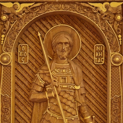 Saint Nikitas Wooden Carved Handcrafted Christian Religious Icon. Byzantine Home Wall Art Decor Gift. Orthodox Greek Woodcarving Sculpture.