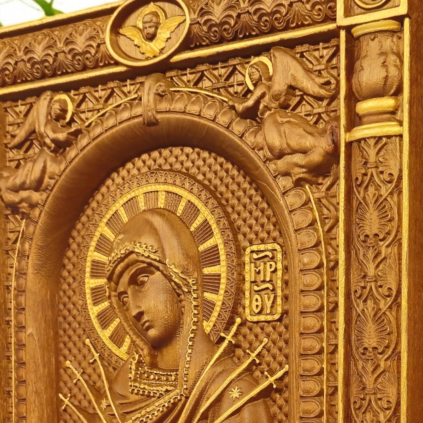 Virgin Mary of the Seven Swords Wooden Carved Handcrafted Christian Religious Icon. Byzantine Home Wall Art Decor Gift. Orthodox Greek Woodcarving Sculpture.