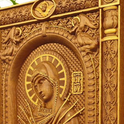 Virgin Mary of the Seven Swords Wooden Carved Handcrafted Christian Religious Icon. Byzantine Home Wall Art Decor Gift. Orthodox Greek Woodcarving Sculpture.