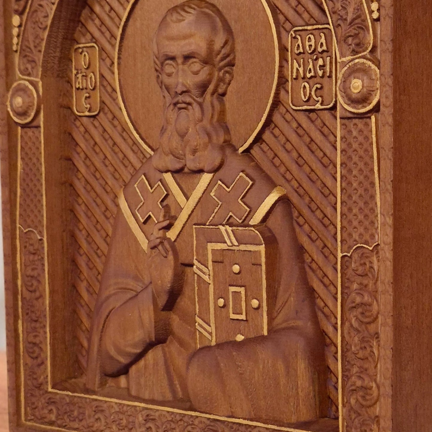 Saint Athanasius of Alexandria Wooden Carved Handcrafted Christian Religious Icon. Byzantine Home Wall Art Decor Gift. Orthodox Greek Woodcarving Sculpture.