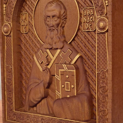 Saint Athanasius of Alexandria Wooden Carved Handcrafted Christian Religious Icon. Byzantine Home Wall Art Decor Gift. Orthodox Greek Woodcarving Sculpture.
