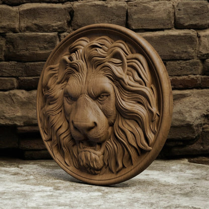 Lion Head in Plate Handmade Wooden Carving. Home Gift Wall Art Nature Decor.