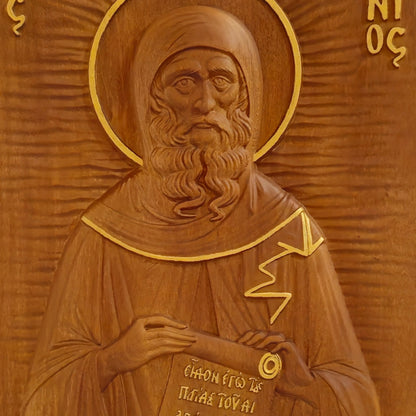 Saint Anthony the Great Wooden Carved Handcrafted Christian Religious Icon. Byzantine Home Wall Art Decor Gift. Orthodox Greek Woodcarving Sculpture.