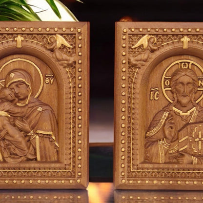 Christ and Mother of God Set Two Wooden Carved Handcrafted Christian Religious Icon. Byzantine Home Wall Art Decor Gift. Orthodox Greek Woodcarving Sculpture.